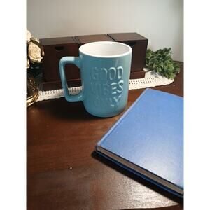 "Good Vibes Only" Coffee Mug - Light Blue Embossed Ceramic Tea Cup - 12oz